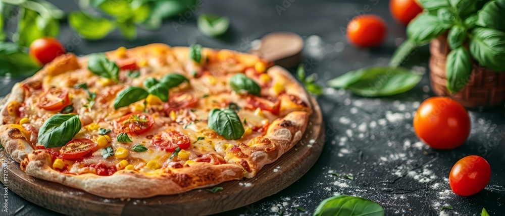 A pizza atop a wooden cutting board, nearby sits a potted plant A wooden spatula lies beside them A pizza atop a wooden cutting board, nearby sits a potted plant A wooden spatula lies beside them