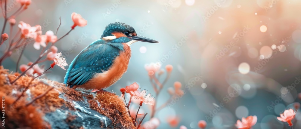A blue-orange bird perches on a tree branch; pink flowers adjacent Background softly blurred A blue-orange bird perches on a tree branch; pink flowers adjacent Background softly blurred