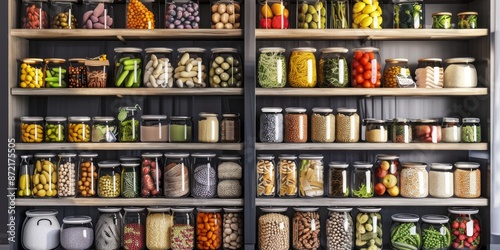 Organized Pantry with Glass Jars Full of Various Groceries