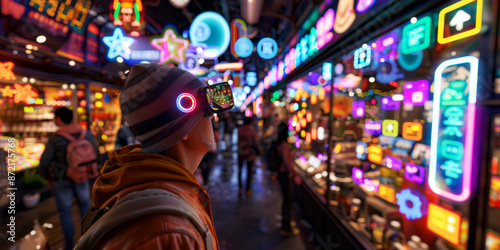 Young Person Exploring Neon-Lit Street Market at Night wearing VR Headset