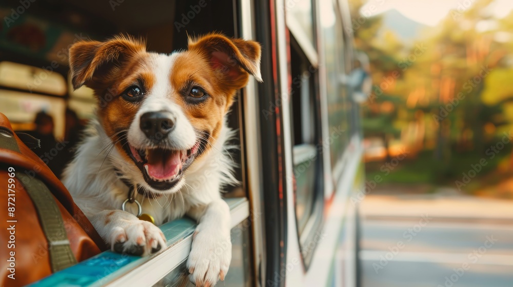 Playful Puppy Looking Out of Bus Window with Travel Essentials at Lively Bus Station - Perfect for Travel Posters Playful Puppy Looking Out of Bus Window with Travel Essentials at Lively Bus Station - Perfect for Travel Posters