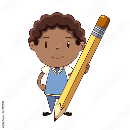 Boy student holding big pencil, school uniform, schoolboy