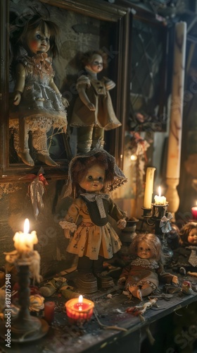 Collection of creepy old dolls in an old room with dim lighting. Halloween scene.
