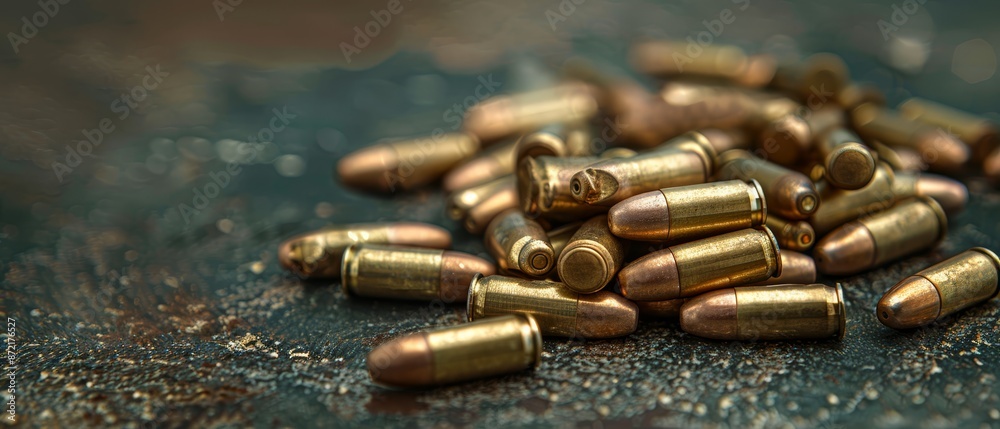A stack of brass bullet casings atop a black metal base upon a blue surface A stack of brass bullet casings atop a black metal base upon a blue surface