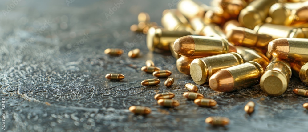 A tight shot of multiple bullet casings against a metal background, with additional casings nearby A tight shot of multiple bullet casings against a metal background, with additional casings nearby