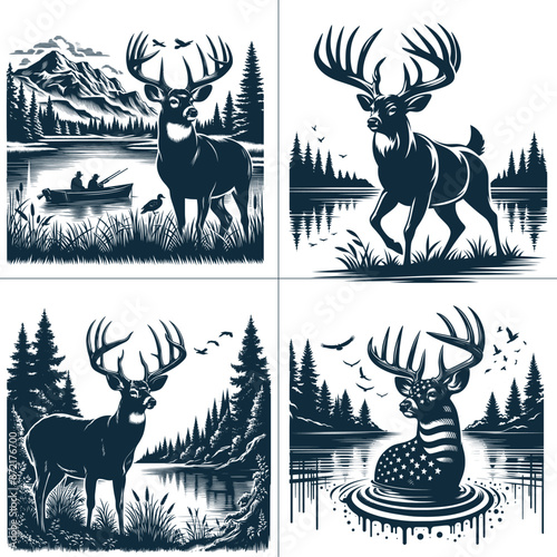 Deer Buck Lake Woods Scene Silhouette svg