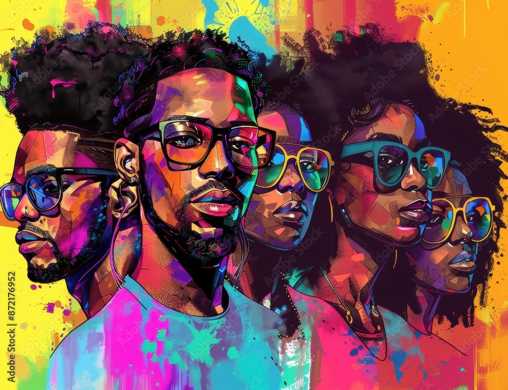 Black people with different hair textures and skin tones, all wearing glasses or sunglasses the background should be vibrant colors, with splashes of color to highlight the diversity Generative AI Black people with different hair textures and skin tones, all wearing glasses or sunglasses the background should be vibrant colors, with splashes of color to highlight the diversity Generative AI