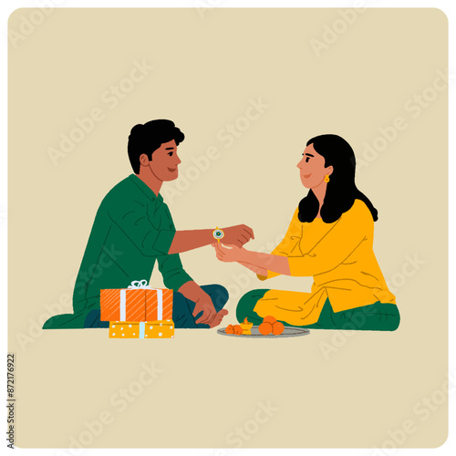 Brother and sister celebrating Raksha Bandhan Indian festival vector illustration