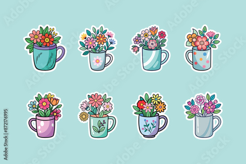 Set of mug with delicate flowers sticker collection with floral motifs. Floral stickers. Vector illustration