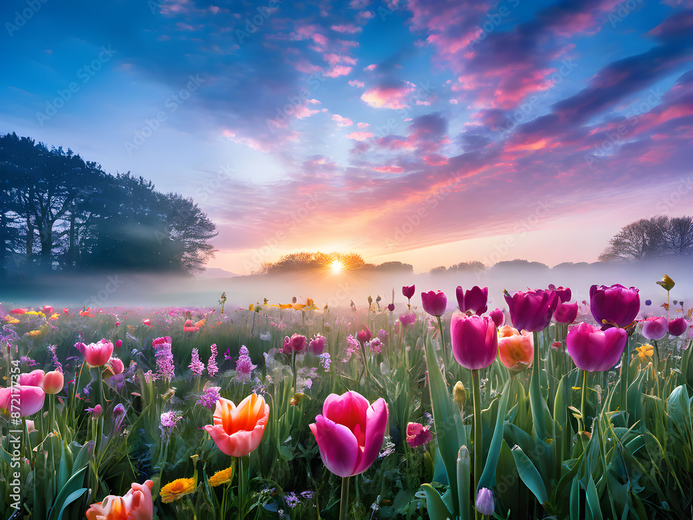 Fototapeta premium A spring flower garden in the morning mist blooms with vibrant colors, creating a dreamy and ethereal landscape