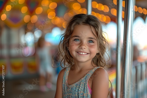 Child girl with long hair is smiling at the camera. She is wearing a blue tank top and is standing in front of a carousel