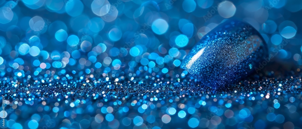 A blue nail polish atop a blue glittered surface, surrounded by numerous small blue circular backdrops A blue nail polish atop a blue glittered surface, surrounded by numerous small blue circular backdrops