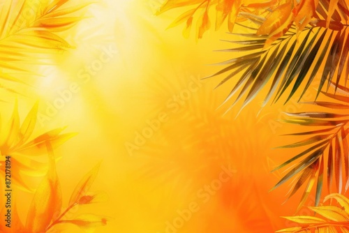 Vibrant orange tropical summer background with palm leaves and bright sunlight, perfect for vacation or relaxation themes. photo