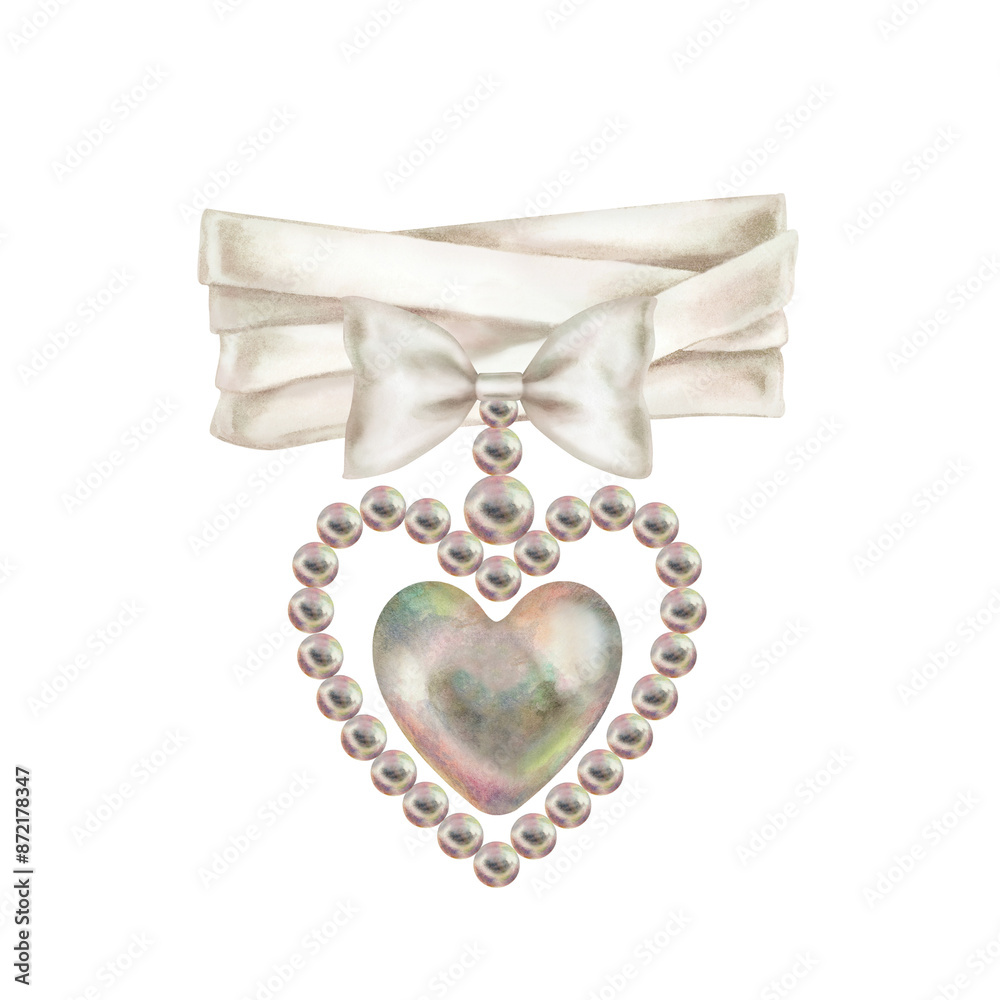 Fototapeta premium Pearl jewelry in the shape of a heart, flower, butterfly. Watercolor illustration in pastel palette with holographic effect as a template for Valentine's Day, engagement, wedding, Mother's Day