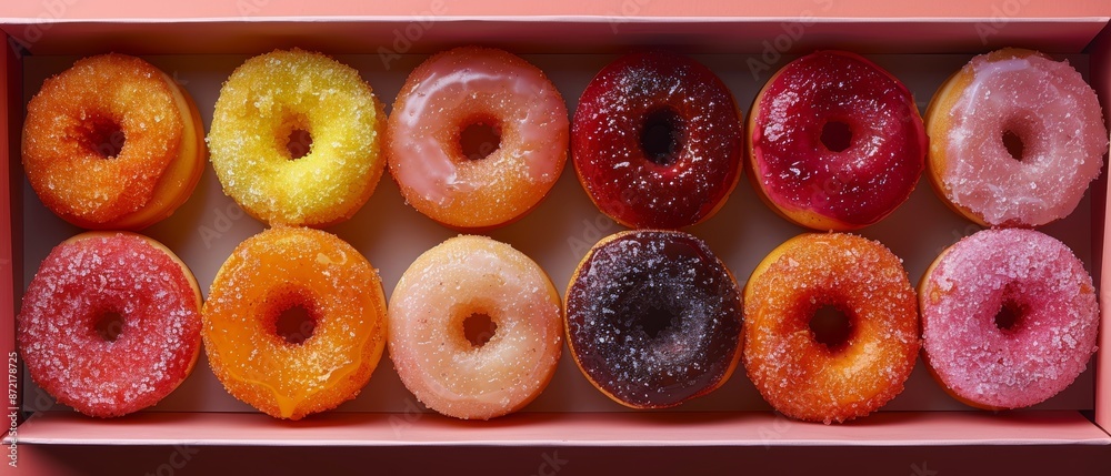 A box brimming with numerous donuts, all generously topped with sprinkles A box brimming with numerous donuts, all generously topped with sprinkles