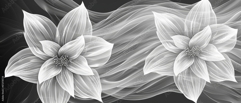 A monochrome image of three white flowers against a black and white backdrop Flowers have long, wavy stems; model's hair is also monochromatic and flows A monochrome image of three white flowers against a black and white backdrop Flowers have long, wavy stems; model's hair is also monochromatic and flows