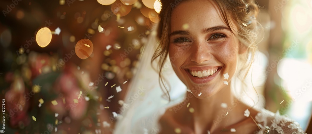A woman joyfully smiles amidst falling confetti, some lodged in her cascading hair, while her veil billows in the wind A woman joyfully smiles amidst falling confetti, some lodged in her cascading hair, while her veil billows in the wind