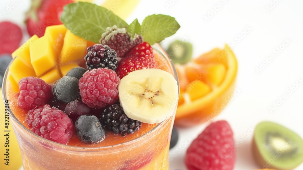 A glass of freshly pressed juice topped with various fruit, isolated on a white background A glass of freshly pressed juice topped with various fruit, isolated on a white background