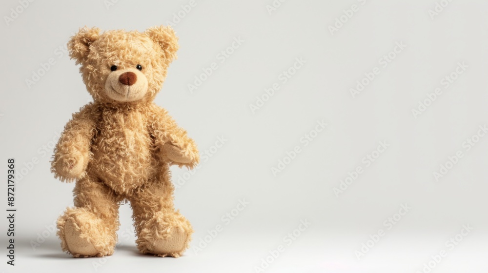 A cuddly teddy bear standing alone on a white background A cuddly teddy bear standing alone on a white background