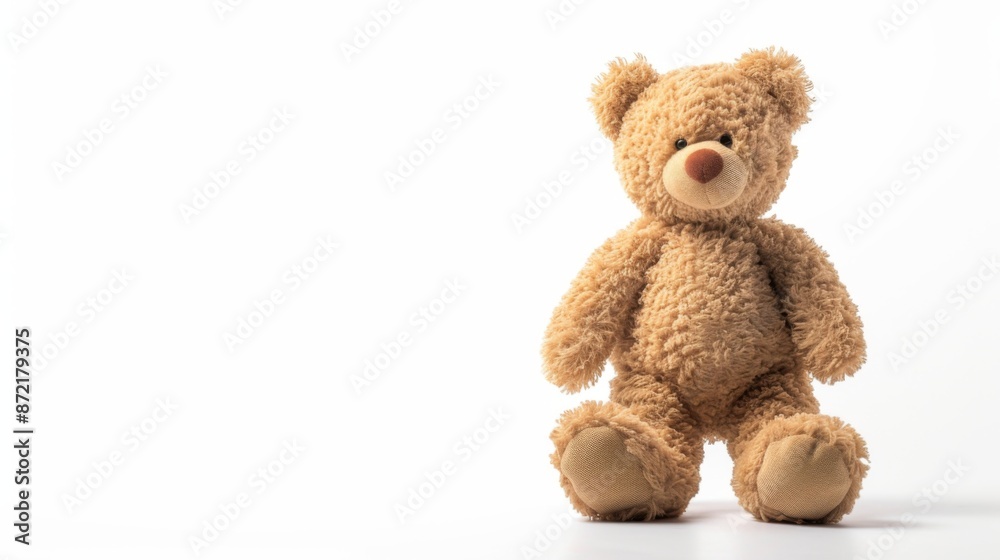A cuddly teddy bear standing alone on a white background A cuddly teddy bear standing alone on a white background