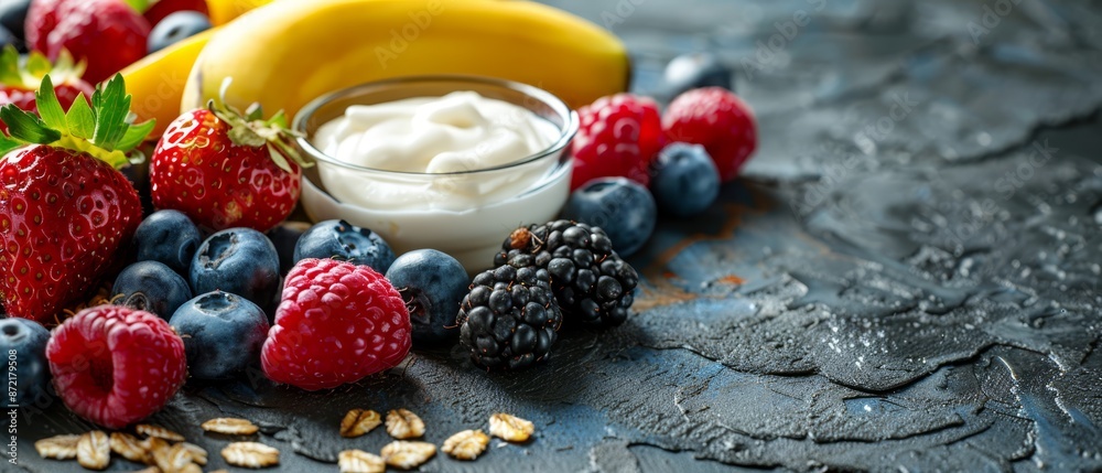 A table bears a yogurt bowl filled with berries - raspberries, blueberries, and strawberries Nearby rests a sliced banana A table bears a yogurt bowl filled with berries - raspberries, blueberries, and strawberries Nearby rests a sliced banana