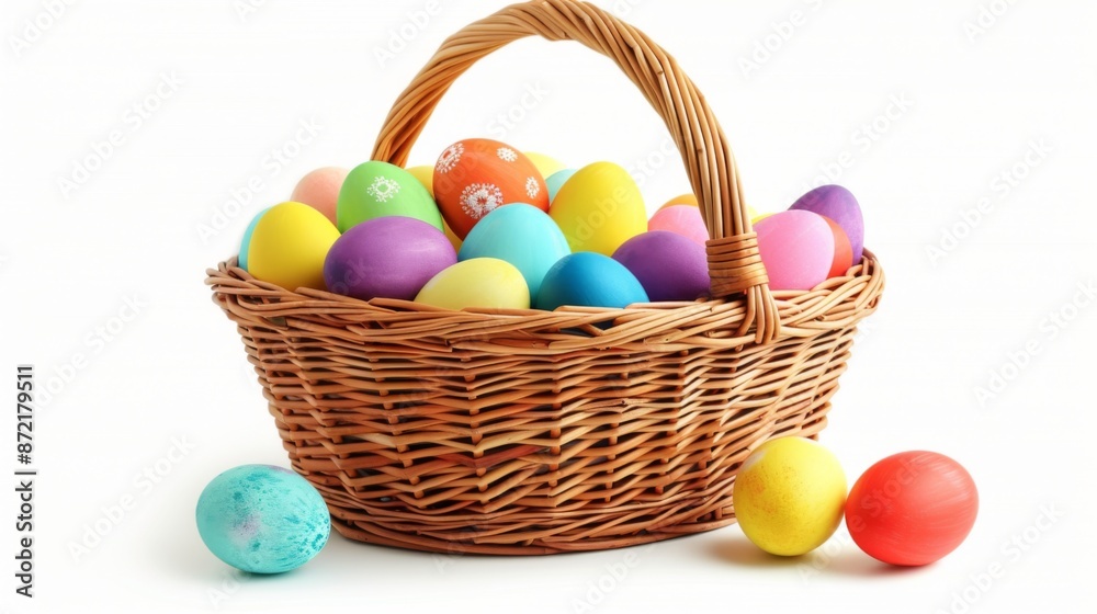 A basket filled with colorful Easter eggs, isolated on a white background A basket filled with colorful Easter eggs, isolated on a white background