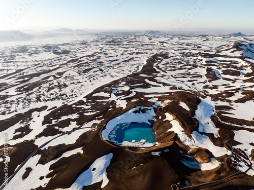 Obraz na płótnie View from above, stunning aerial view of the Krafla Viti crater. This beautiful Crater is filled with blue water and surrounded by a geothermal area and colorful mountains. Iceland. w salonie