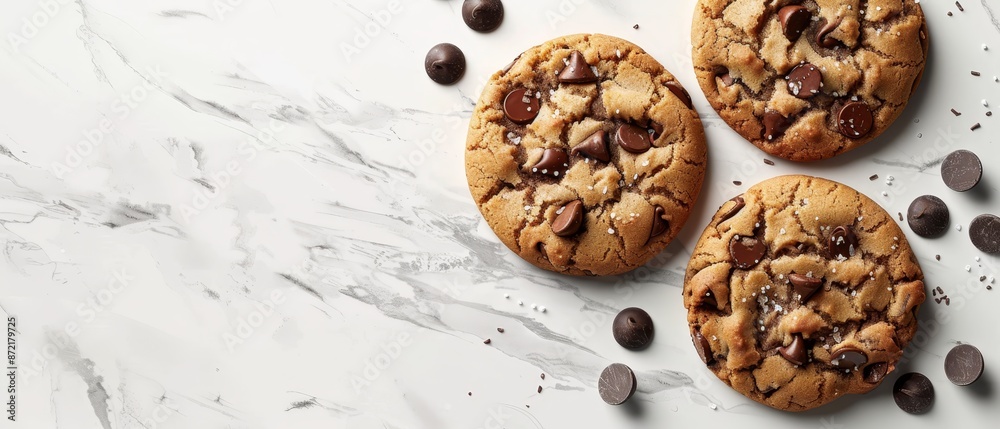 Three chocolate chip cookies rest atop a white counter, adjacent to a mound of chocolate chips Three chocolate chip cookies rest atop a white counter, adjacent to a mound of chocolate chips