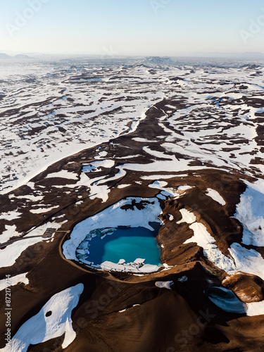 Obraz na płótnie View from above, stunning aerial view of the Krafla Viti crater. This beautiful Crater is filled with blue water and surrounded by a geothermal area and colorful mountains. Iceland. w salonie