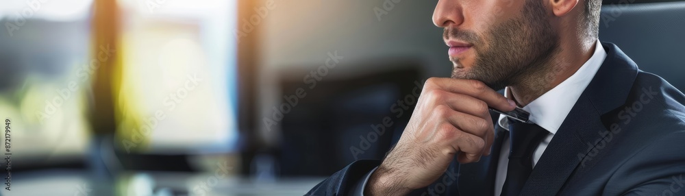 Fototapeta premium Financial advisor in sharp suit, close-up, explaining wealth strategy, confident expression, sleek office, photo-realistic, clear lighting, sophisticated atmosphere