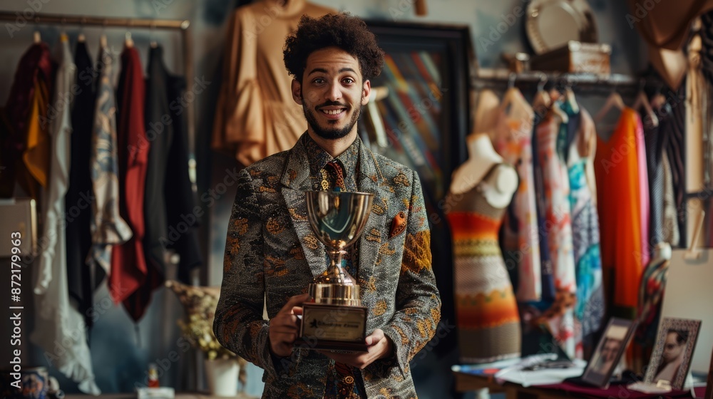 Fashion Designer Triumphs: First Place Trophy in Studio with Latest Collection Display Fashion Designer Triumphs: First Place Trophy in Studio with Latest Collection Display