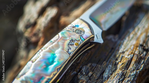 A pocket knife with a handle made of handcarved motherofpearl displaying stunning iridescent colors under the light. The blade is made of highquality stainless steel and has a sharp