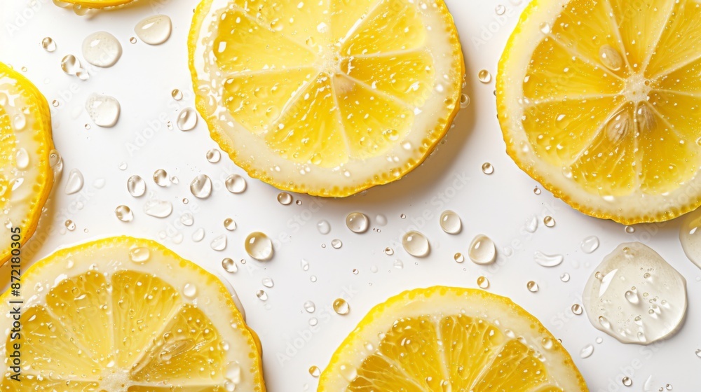 Sliced lemons covered with water droplets, isolated on a white background Sliced lemons covered with water droplets, isolated on a white background