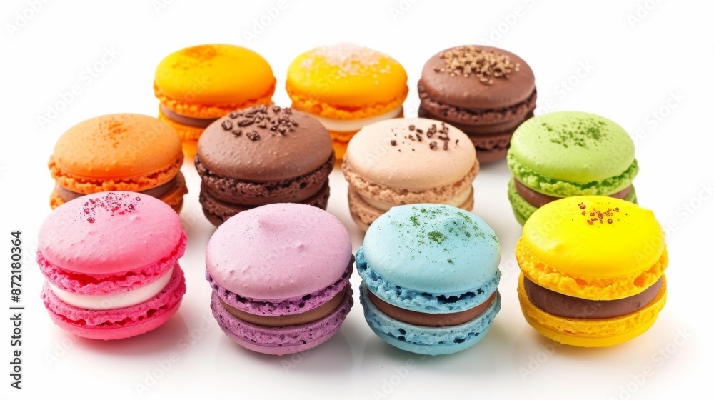 A variety of colorful macarons, isolated on a white background A variety of colorful macarons, isolated on a white background