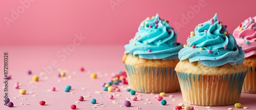  Three cupcakes, each topped with blue frosting and sprinkles, sit against a pink backdrop adorned with confetti