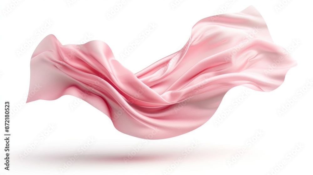A piece of pastel pink silk cloth floating gracefully, isolated on a white background