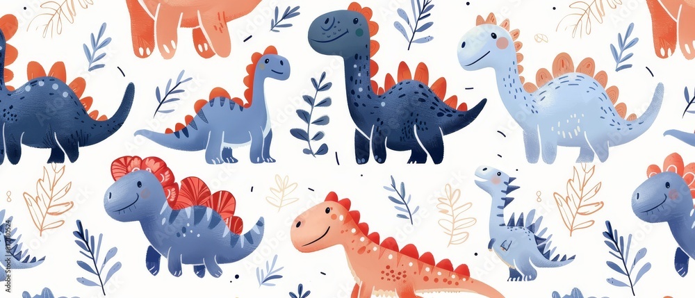 A collection of dinosaurs and plants against a white backdrop; orange and blue hues at the image's depth A collection of dinosaurs and plants against a white backdrop; orange and blue hues at the image's depth