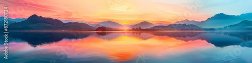 Panoramic Sunset Over Serene Waters: Majestic Mountains and Vibrant Reflections Captivate Nature’s Tranquility