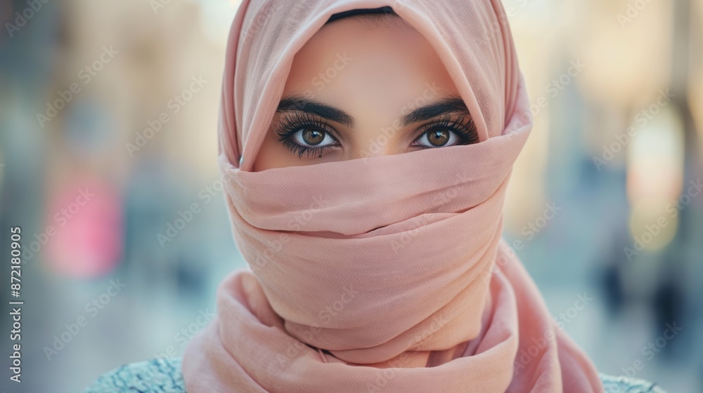 A captivating portrait of a young woman with piercing eyes, her face partially veiled by a soft pink hijab, expressing a serene yet mysterious allure.