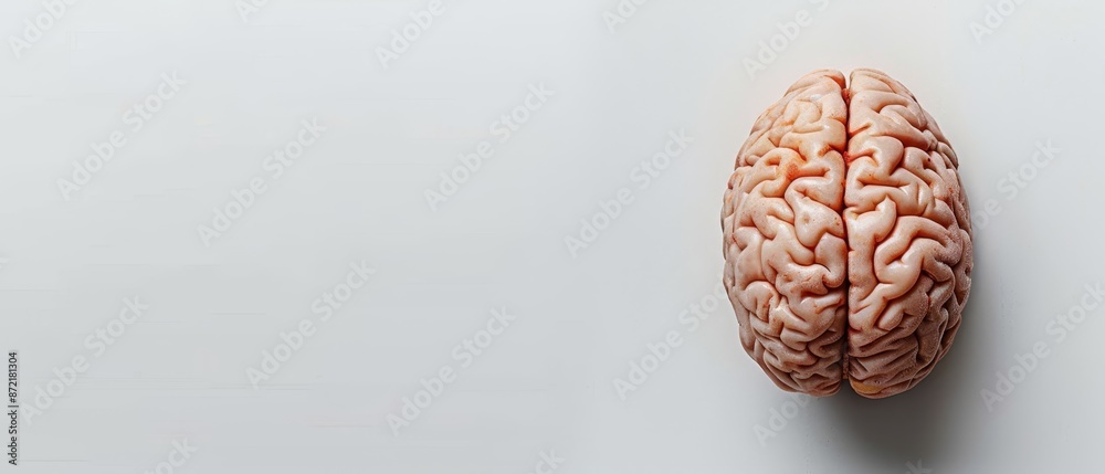 A tight shot of a human brain on a pristine white background, revealing reflections of light on the left hemisphere A tight shot of a human brain on a pristine white background, revealing reflections of light on the left hemisphere