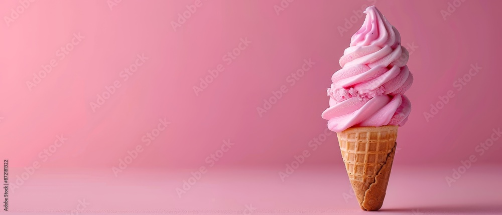 An ice cream cone with pink icing against a pink background A pink wall is visible behind both the cone and the background An ice cream cone with pink icing against a pink background A pink wall is visible behind both the cone and the background