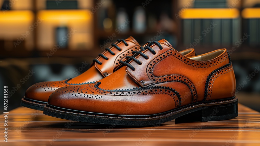 A pair of polished brown leather brogues glows warmly against a softly lit background. A pair of polished brown leather brogues glows warmly against a softly lit background.