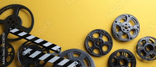 A yellow backdrop featuring black and white film reels and a black-and-white film strip