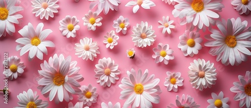  A collection of white and yellow daisies against a pink-yellow backdrop, featuring a yellow focal point in the center © Jevjenijs