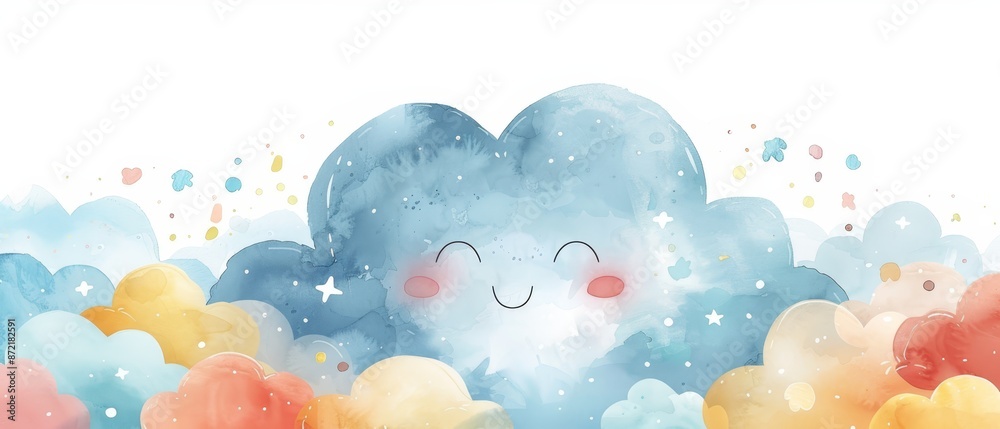 cloud with star-studded face, encircled by stars and confetti cloud with star-studded face, encircled by stars and confetti