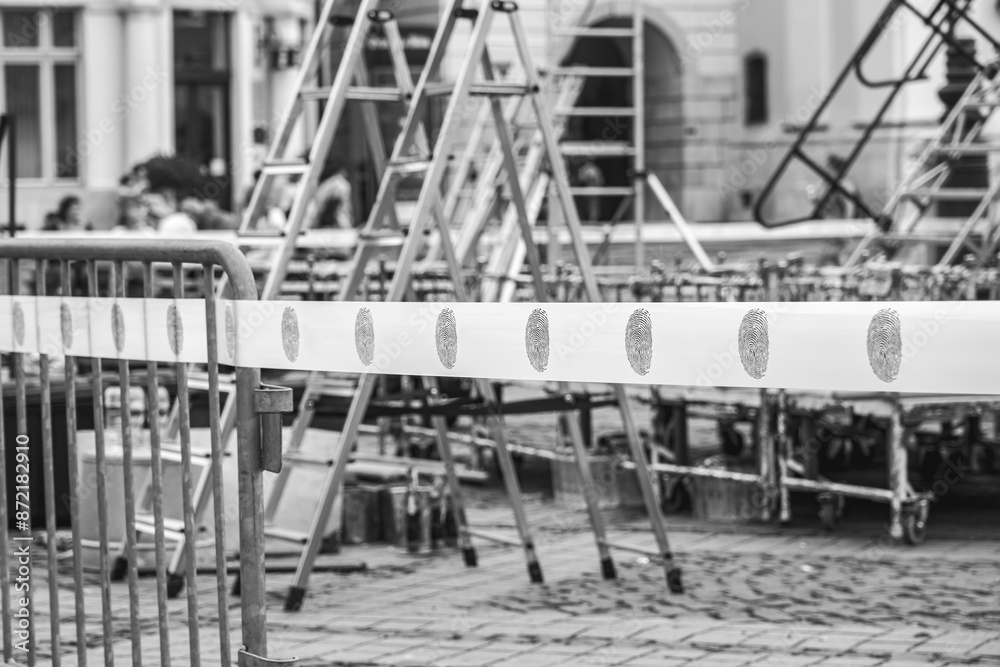 warning tape barrier ribbon with fingerprint surround the place with construction tools warning tape barrier ribbon with fingerprint surround the place with construction tools
