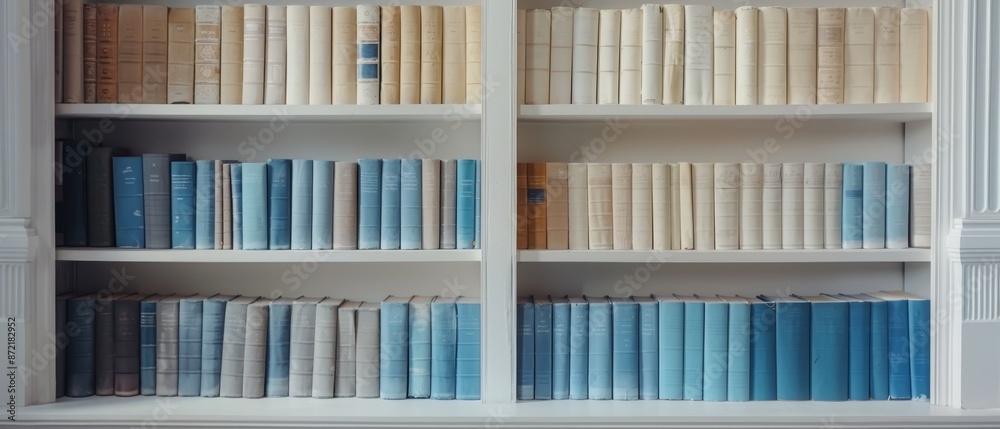 A bookshelf topped with numerous books against a backdrop of a white bookshelf, brimming with many blue and white volumes A bookshelf topped with numerous books against a backdrop of a white bookshelf, brimming with many blue and white volumes