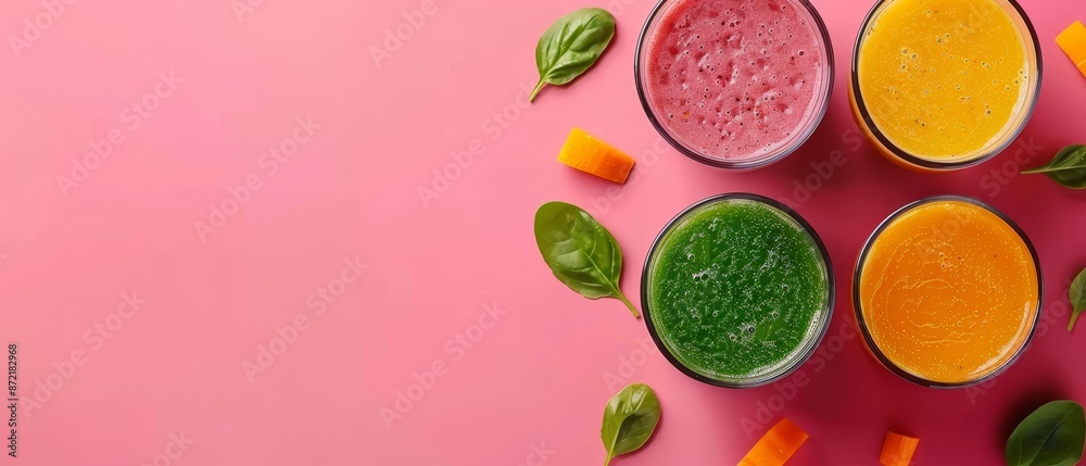 Three glasses, each holding a distinct-colored smoothie, sit atop a pink table The table is adorned with green foliage and slices of carrots Three glasses, each holding a distinct-colored smoothie, sit atop a pink table The table is adorned with green foliage and slices of carrots