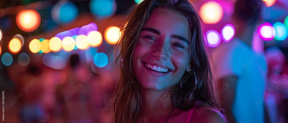 A young woman radiates joy in a well-lit room, surrounded by a crowd, as brilliantly hued lights illuminate the space A young woman radiates joy in a well-lit room, surrounded by a crowd, as brilliantly hued lights illuminate the space