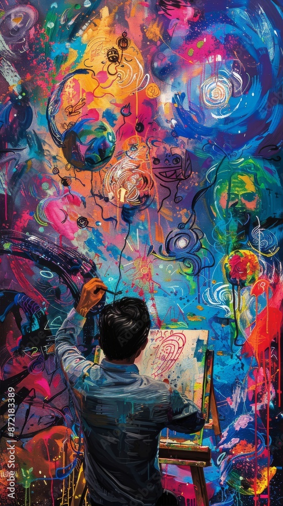 A vibrant artist creating art with art icons and symbols floating around A vibrant artist creating art with art icons and symbols floating around